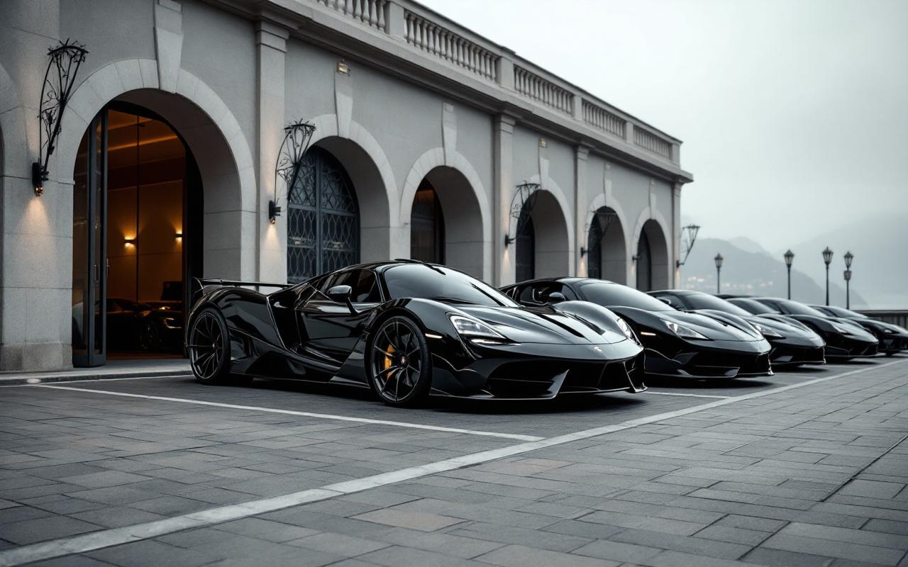 Alignement de supercars de luxe noires et gris foncé devant un garage haut de gamme à Monaco, ambiance éditoriale automobile, éclairage doux et reflets sur la carrosserie