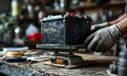 Batterie de voiture usagée posée sur une balance métallique dans un atelier de ferrailleur automobile, lumière naturelle et ambiance réaliste.