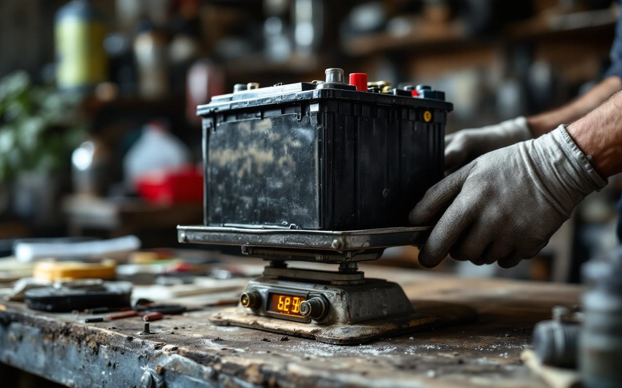 Batterie de voiture usagée posée sur une balance métallique dans un atelier de ferrailleur automobile, lumière naturelle et ambiance réaliste.