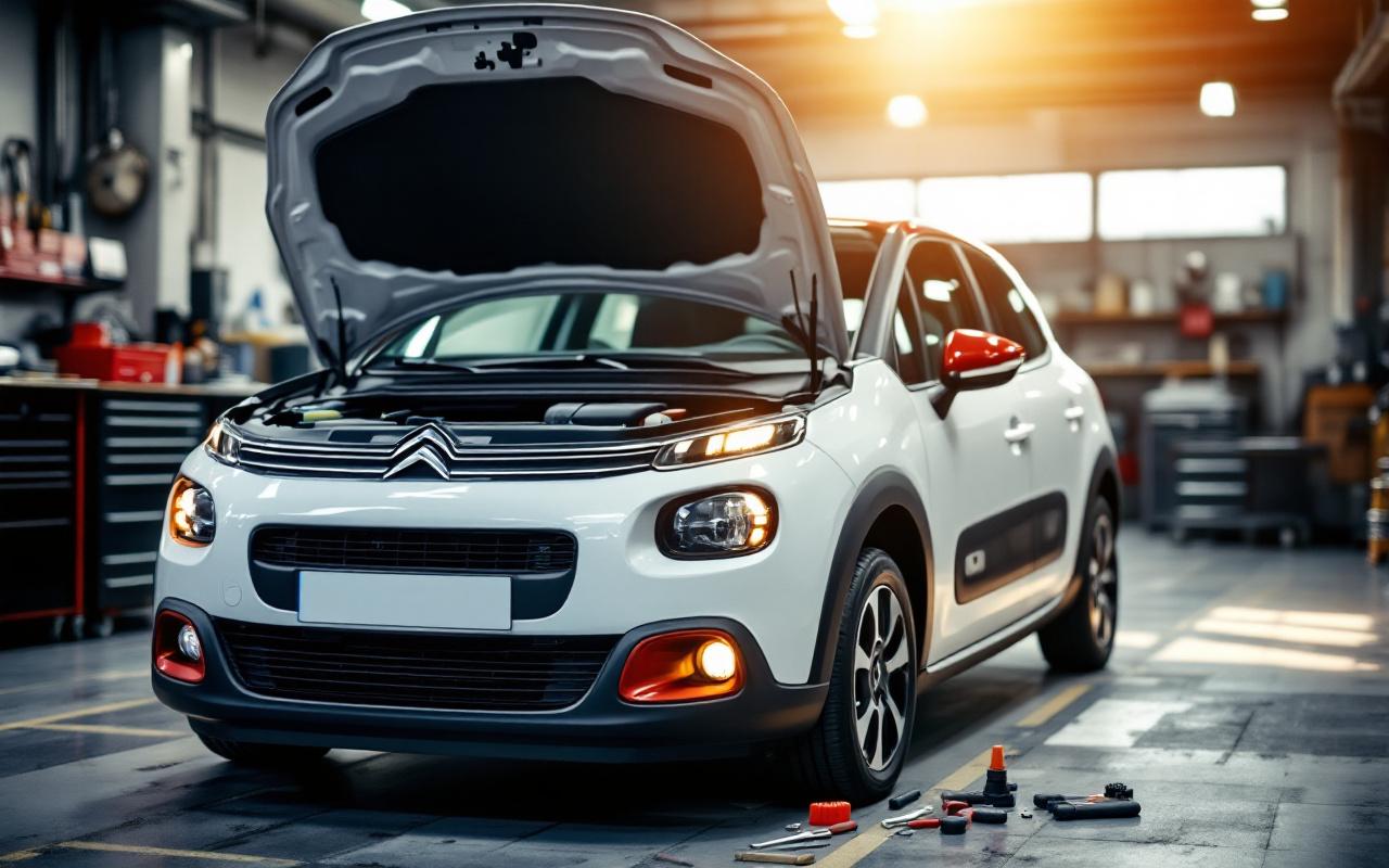 Citroën C3 essence d’occasion vue de trois quarts avant, capot ouvert, moteur visible dans un atelier lors d’un contrôle mécanique avant achat.
