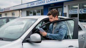 Une voiture de location est stationnée devant un bureau de permis. Un jeune homme vérifie ses documents et son permis avant de monter au volant.
