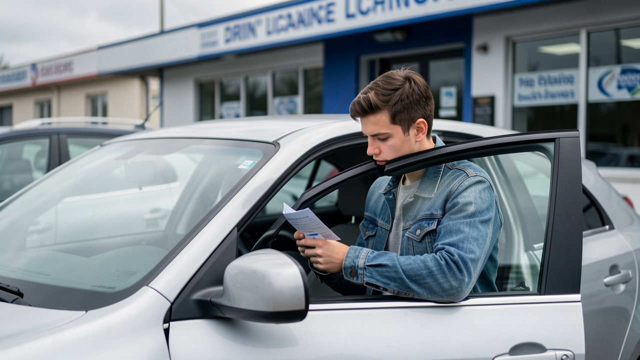 Une voiture de location est stationnée devant un bureau de permis. Un jeune homme vérifie ses documents et son permis avant de monter au volant.