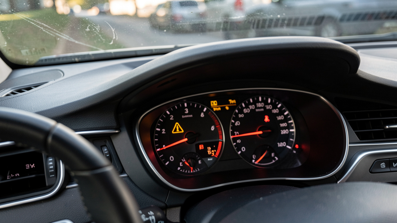 Vue réaliste du tableau de bord d’une voiture avec le voyant d’injection allumé, ambiance mécanique informative et éclairage naturel avec lueur des instruments.