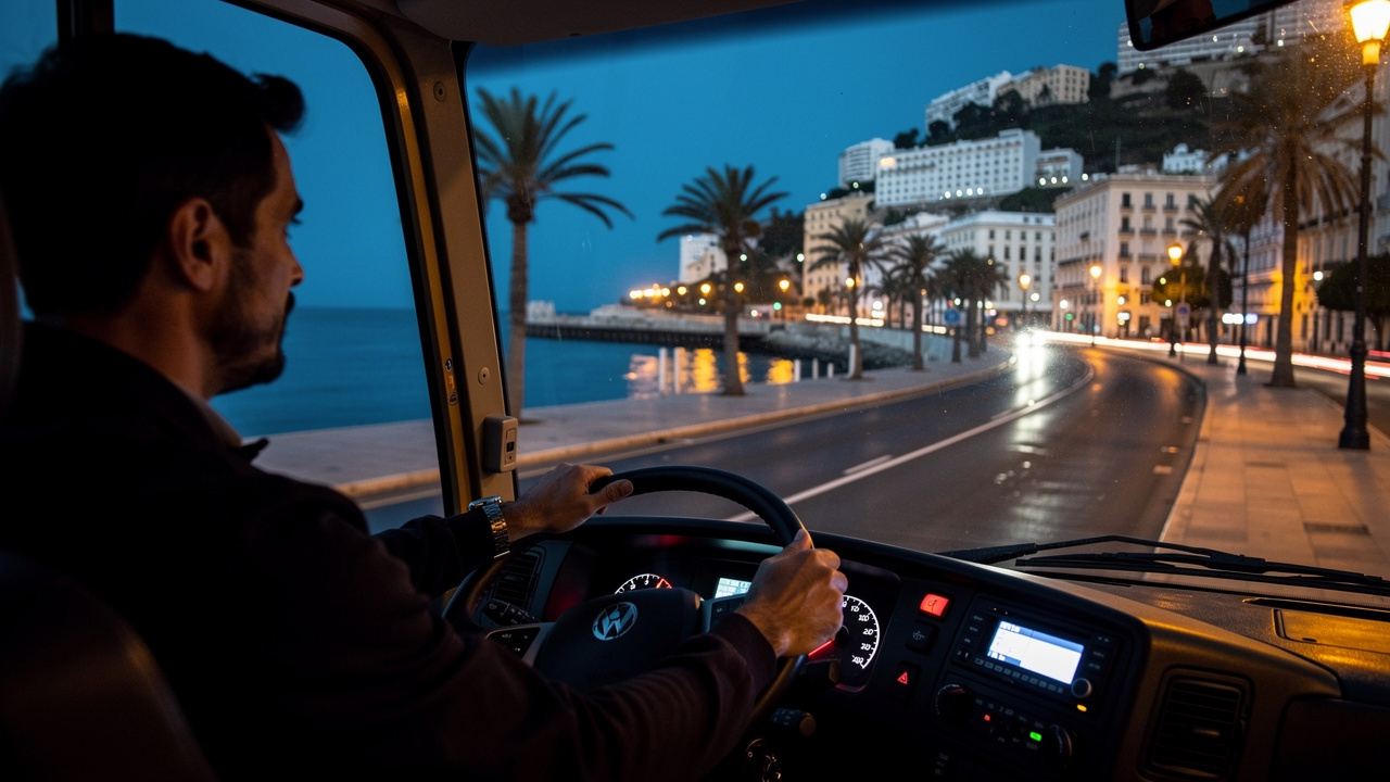 Conducteur circulant de nuit à Alger, tram roulant le long de la corniche, mer et lumières de la ville scintillantes au loin.