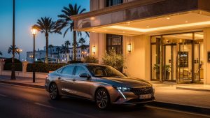 Voiture de location récente garée devant un hôtel élégant à Alger, en début de soirée, éclairage urbain chaleureux avec reflets sur la carrosserie.