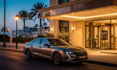 Voiture de location récente garée devant un hôtel élégant à Alger, en début de soirée, éclairage urbain chaleureux avec reflets sur la carrosserie.