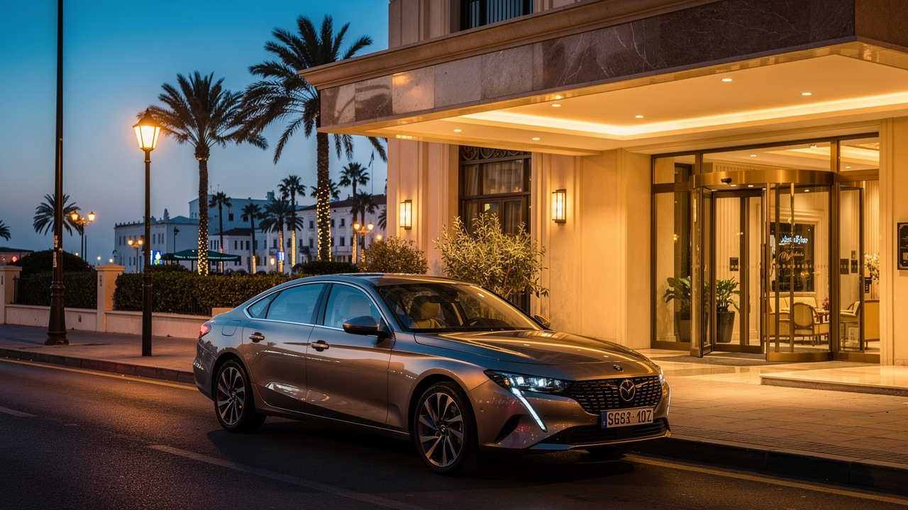 Voiture de location récente garée devant un hôtel élégant à Alger, en début de soirée, éclairage urbain chaleureux avec reflets sur la carrosserie.