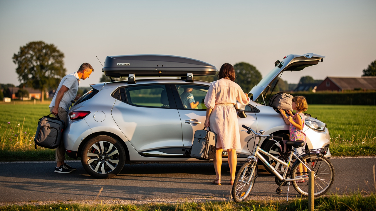 Vue latérale réaliste d'une Renault Clio 4 argentée avec un coffre de toit aérodynamique, tandis qu'une famille charge des sacs et prépare des vélos pour un départ en vacances sur une route ensoleillée.