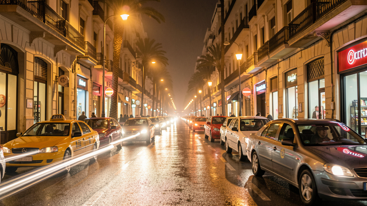 Rue animée d’Alger la nuit, avec des taxis et voitures en mouvement, chaussée humide reflétant les lampadaires et façades urbaines élégantes.