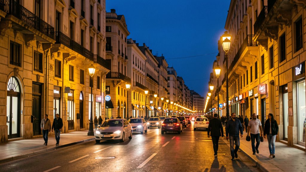 Vue nocturne réaliste et élégante d’Alger, avec des rues éclairées, des voitures en circulation et des hommes et femmes marchant sur les trottoirs.