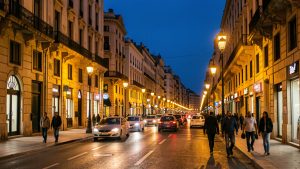 Vue nocturne réaliste et élégante d’Alger, avec des rues éclairées, des voitures en circulation et des hommes et femmes marchant sur les trottoirs.