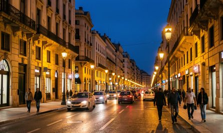 Vue nocturne réaliste et élégante d’Alger, avec des rues éclairées, des voitures en circulation et des hommes et femmes marchant sur les trottoirs.