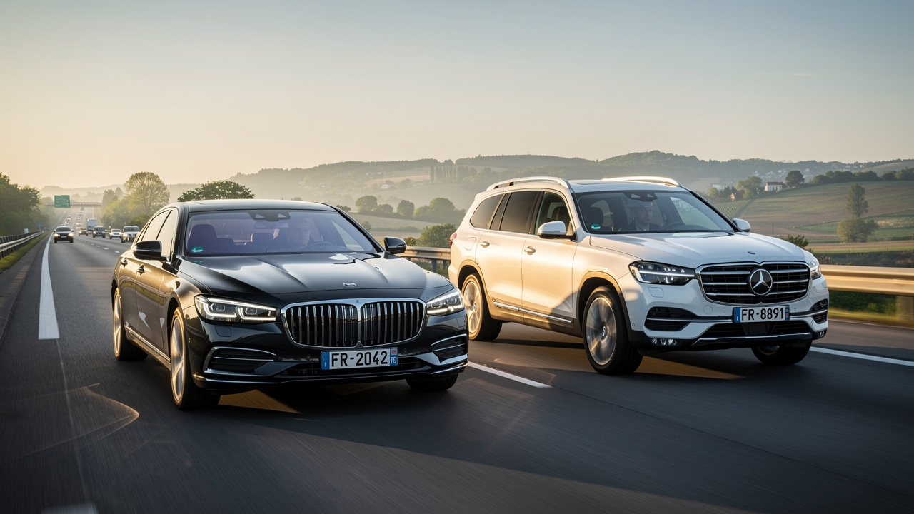 Une berline moderne et un SUV familial roulent côte à côte sur une autoroute française éclairée par une douce lumière matinale.