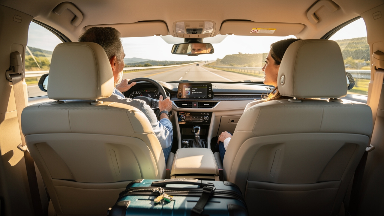 Intérieur lumineux d’une voiture roulant sur une autoroute, avec un conducteur installé confortablement, une passagère et des bagages visibles à l’arrière.