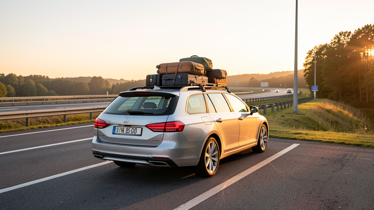 Une voiture familiale chargée de bagages est garée sur une aire d'autoroute baignée par la lumière dorée du lever du soleil.
