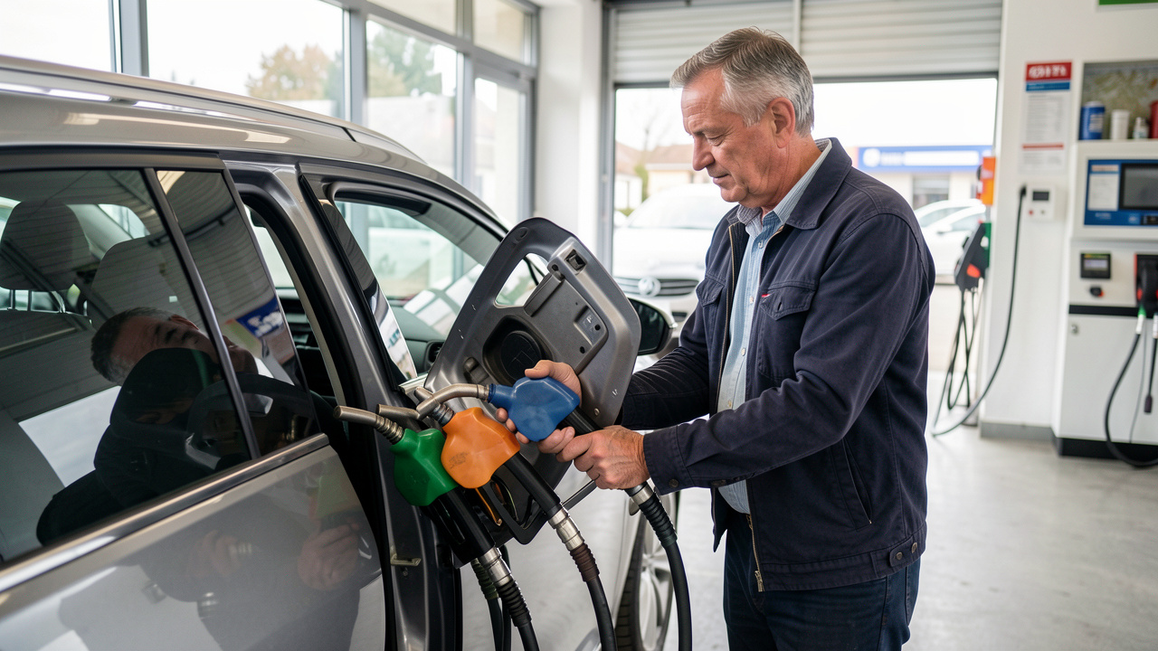 Un conducteur compare trois pistolets de carburant près de la trappe ouverte d’une voiture essence dans une station-service française.
