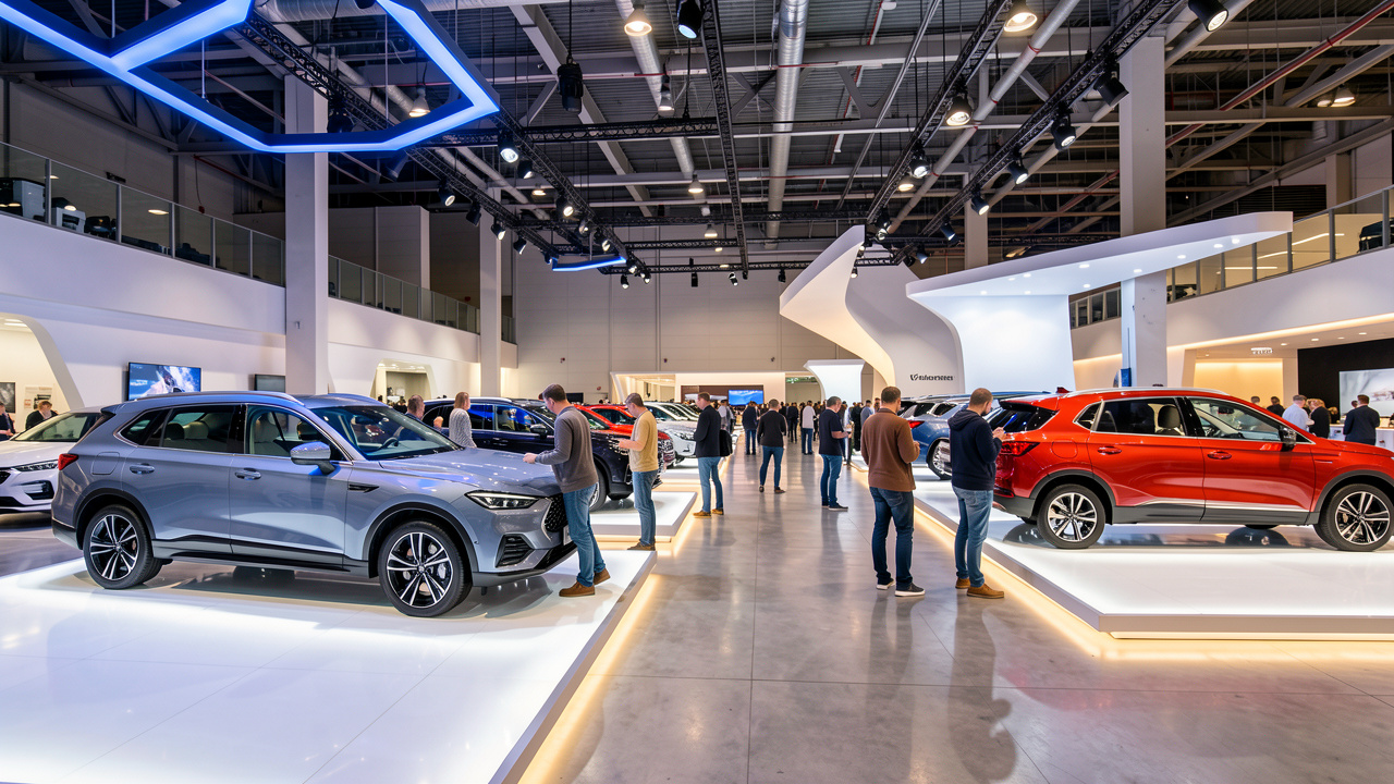 Vue dynamique d’un salon automobile au Parc Expo de Tours, avec des voitures neuves et des SUV éclairés sur des stands modernes, tandis que des visiteurs comparent les habitacles.