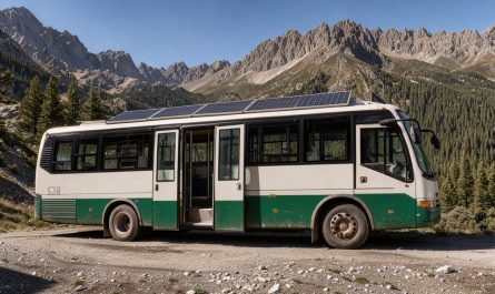 Bus interurbain aménagé stationné dans un paysage montagneux, portes ouvertes et panneaux solaires visibles sur le toit.