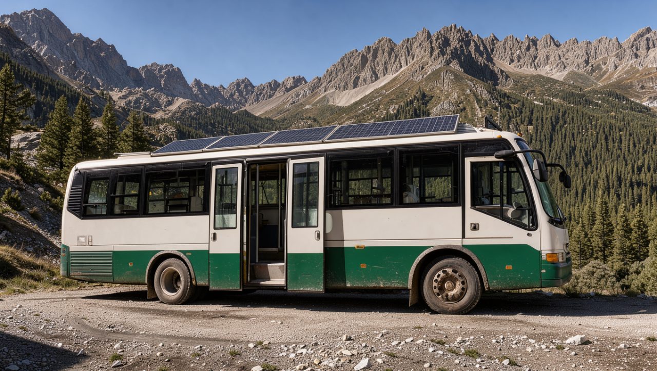 Bus interurbain aménagé stationné dans un paysage montagneux, portes ouvertes et panneaux solaires visibles sur le toit.