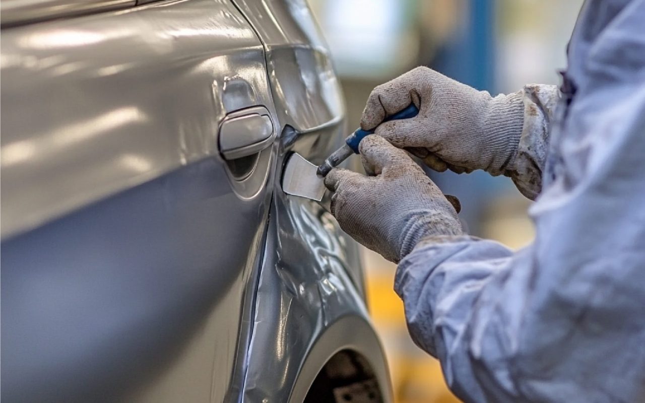 Mastic appliqué sur une zone endommagée de carrosserie avant le ponçage et la peinture.