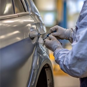 Mastic appliqué sur une zone endommagée de carrosserie avant le ponçage et la peinture.