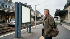 Un voyageur avec un sac se tient près d’un panneau d’affichage vide dans une gare française, tandis qu’une voiture est garée à proximité des quais.