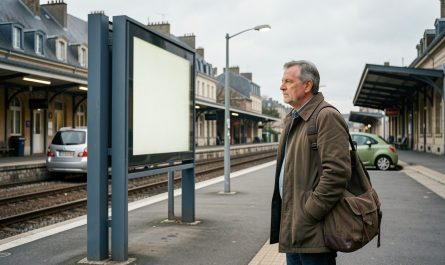 Un voyageur avec un sac se tient près d’un panneau d’affichage vide dans une gare française, tandis qu’une voiture est garée à proximité des quais.