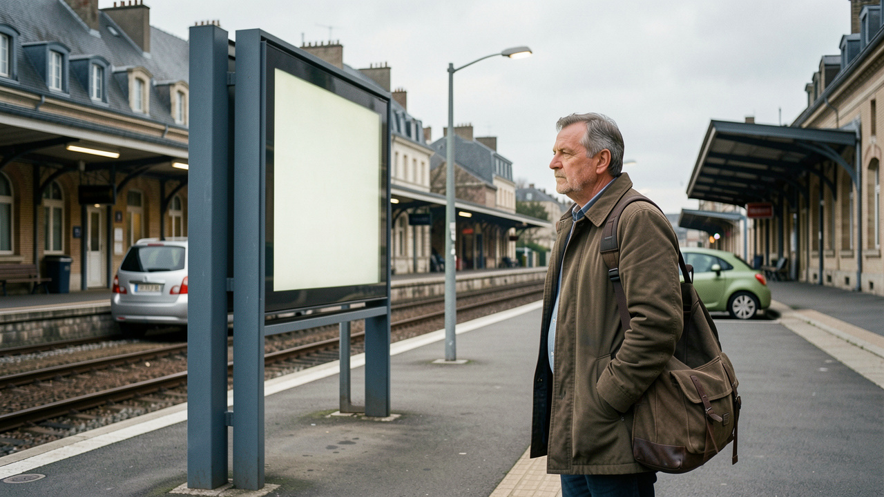 Un voyageur avec un sac se tient près d’un panneau d’affichage vide dans une gare française, tandis qu’une voiture est garée à proximité des quais.